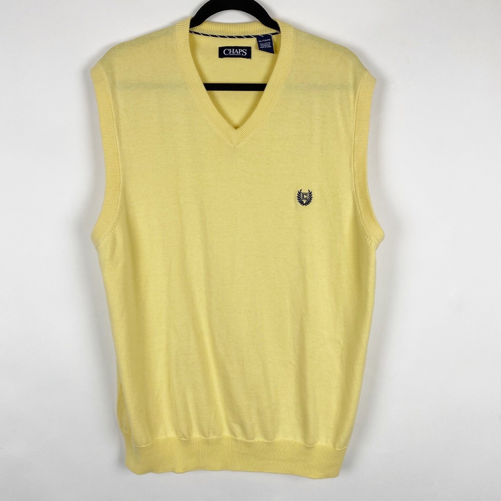 Chaps V-Neck Cotton Knit Embroidered Logo Sweater Vest Mens XL Yellow